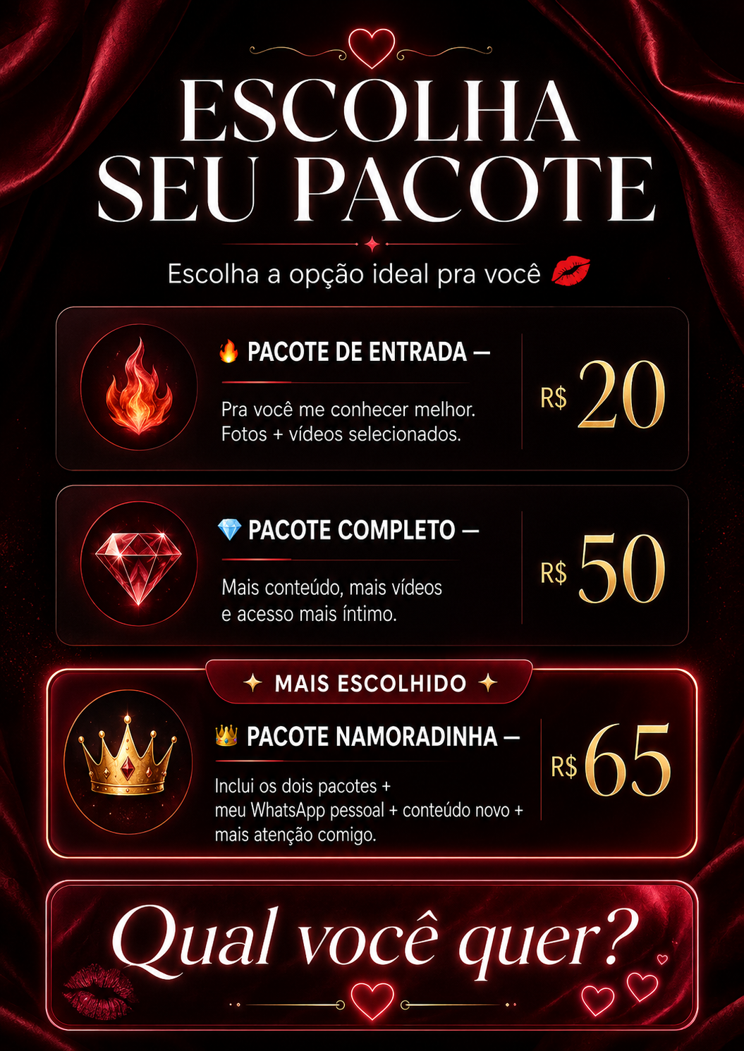 Tabela de pacotes da Andressa
